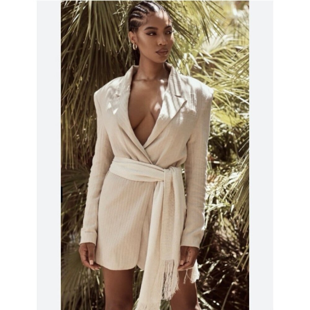 NWT House of CB Colette Linen Blazer Dress Oatmeal Beige Small Belted Wrap Mini - Picture 4 of 10